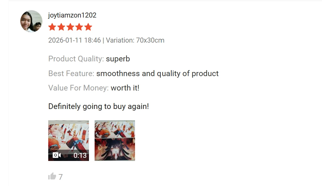 Five-star Shopee review by joytiamzon1202 praising the playmat's smoothness and quality, with customer photos.