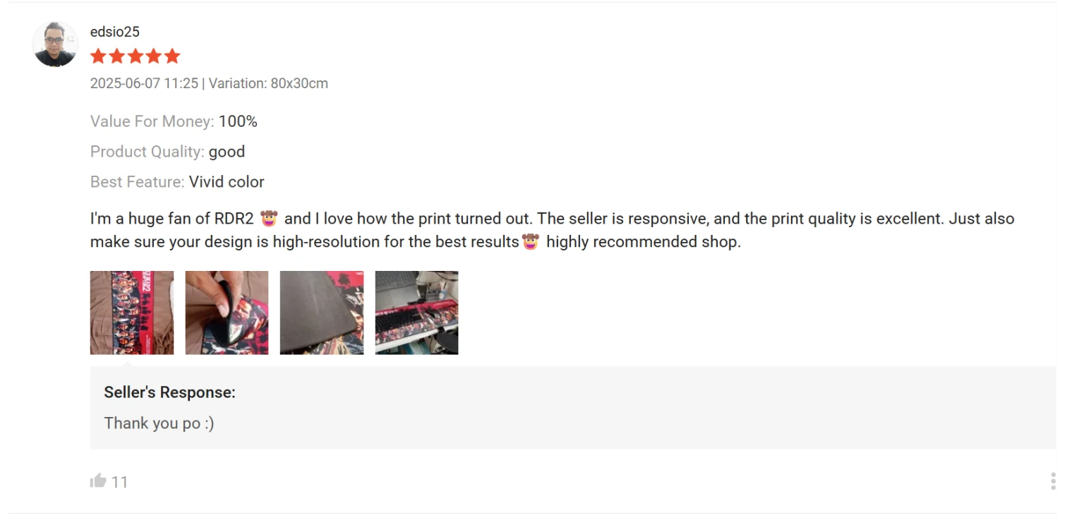 Five-star Shopee review by edsio25 about vivid colors and print quality, with photos of a custom Red Dead Redemption deskmat.