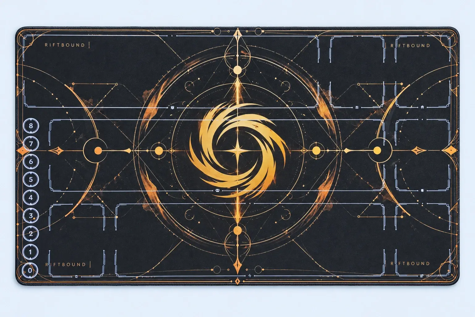 Black and gold Riftbound playmat from the catalog, showing card zones and a stitched edge.