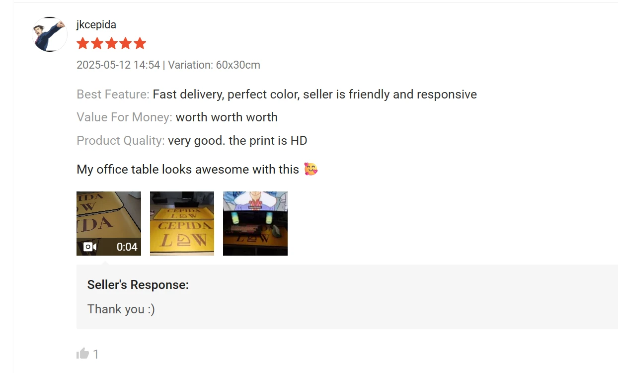Five-star Shopee review by jkcepida with photos of a custom yellow deskmat and the seller's reply.