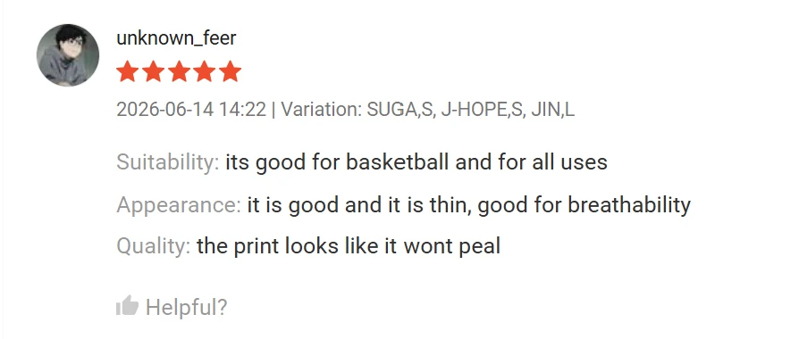 Five-star Shopee review by unknown_feer describing basketball use, breathability and jersey print quality.