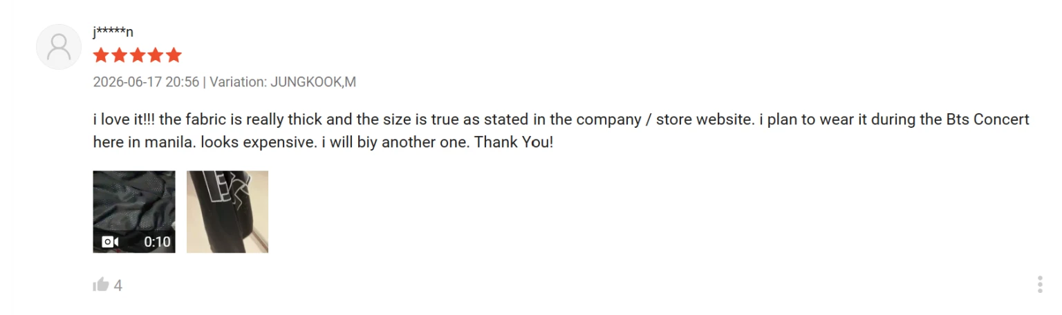 Five-star Shopee jersey review by masked customer j*****n praising the fabric and sizing, with customer photos.