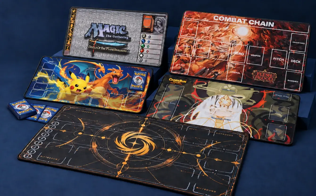 Face-down Pokémon cards beside a Pikachu and Charizard mat with printed card zones, surrounded by Riftbound, CookieRun, Magic, and Combat Chain playmats.