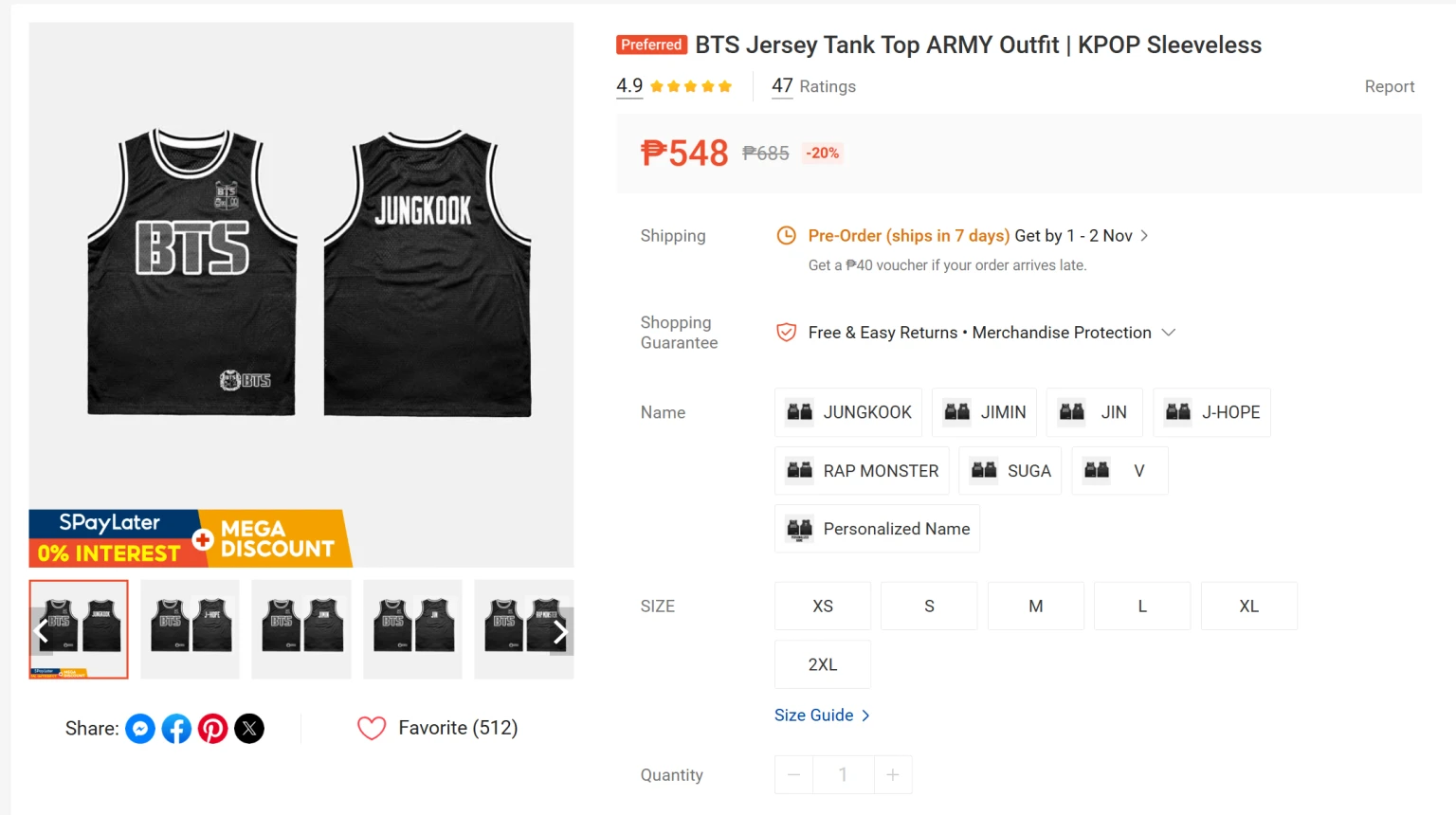 Shopee BTS jersey product listing showing the black tank top, its 4.9 product rating and 47 ratings.